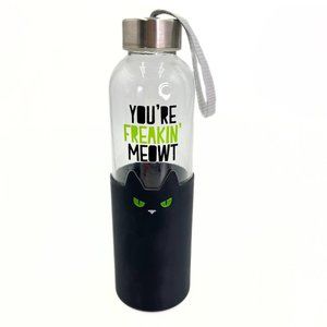 NEW "You're Freakin' Meowt" Black Cat Novelty Glass Rubber Sleeve Water Bottle